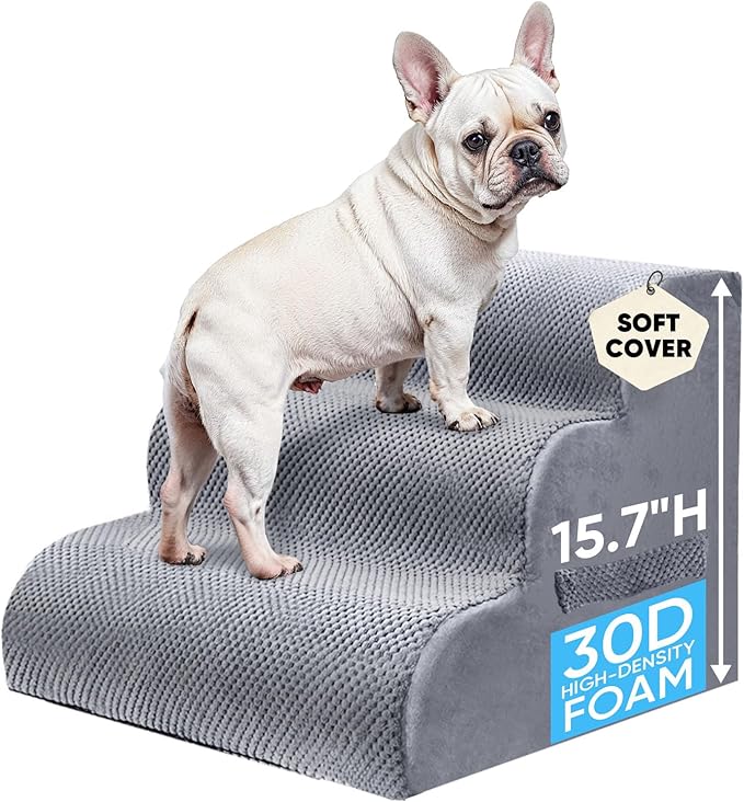 PAWSCART Pet Stairs for Dogs 3-Step, 17.7" H Pet Stairs for High Bed, Couch Sofa & Chair, 30D Material Soft Foam Dog Steps with Non-Slip Bottom Surface Removable Washable Cover, LightGrey
