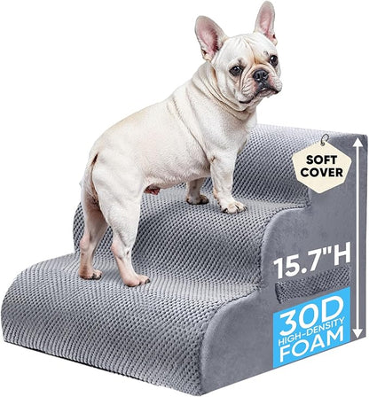 PAWSCART Pet Stairs for Dogs 3-Step, 17.7" H Pet Stairs for High Bed, Couch Sofa & Chair, 30D Material Soft Foam Dog Steps with Non-Slip Bottom Surface Removable Washable Cover, LightGrey