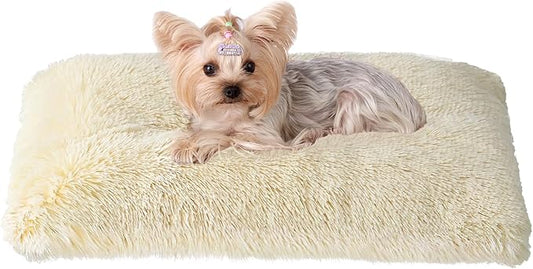 EHEYCIGA Fluffy Dog Crate Bed for Small Dogs, Plush Faux Fur Crate Pad, Calming Anti Anxiety Small Dog Bed, Washable Soft Warm Mat with Non-Slip Bottom, Ivory Beige