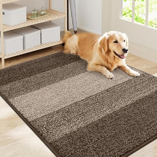 Smiry Dog Door Mat for Muddy Paws, Absorbs Moisture and Dirt, Low-Profile Entryway Mat with Non-Slip Backing, Entry Indoor Outdoor Doormat for Inside Floor (40x32 Inches, Light Brown, Striped)