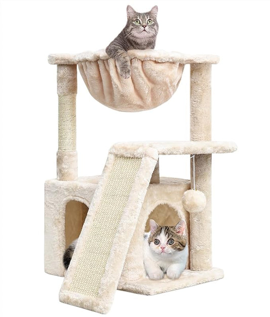 SYANDLVY Cat Tree for Indoor Cats Large Adults, Modern Activity Tower with Scratching Posts & Board, Condo with Plush Perch, Climbing Stand with Cradle & Hanging Ball for Play, Beige