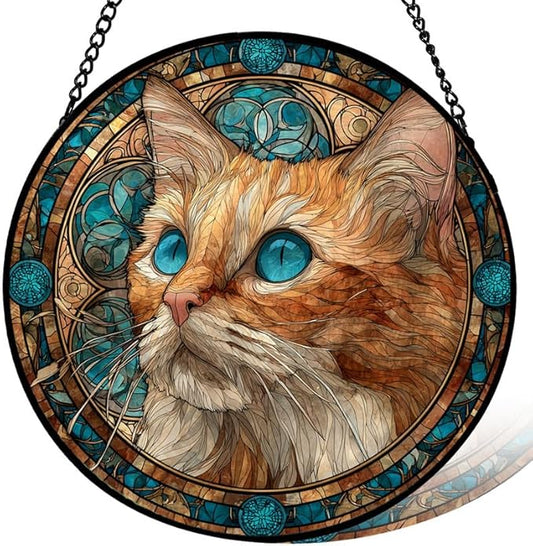 Stained Glass Window Hanging， Cat Face 11.8in Sun Catchers Indoor Window， Core Decor Inside and Outside The Cottage， Cat Lover Decor， Decorative Gifts for Women
