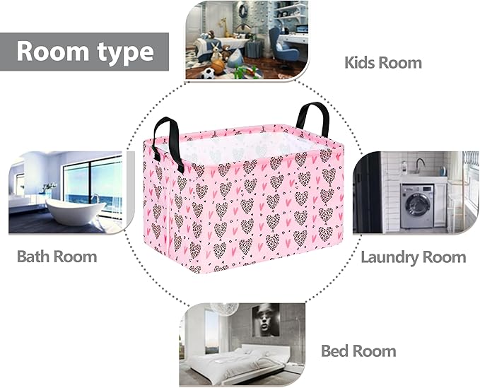 Valentines Basket Rec Heart Print Box Hamper Storage Basket Collapsible Organizer Bin Gift Shelf Baskets for Home and Kitchen Storage