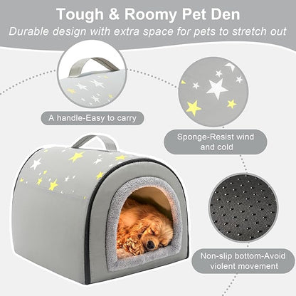 Jiupety Indoor Dog House, 2 in 1 Portable Foldable House Bed with Cover, Pet Tent & Cave Bed for Small Medium Dog, L(21"×17"×15"), Up to 16 Lb, Grey