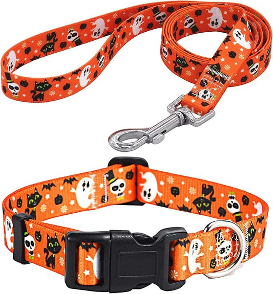 Halloween Dog Collar and Leash Set - Pumpkin Bat Ghost Pattern - Adjustable for Small Medium Large Dogs(Halloween Set,S)
