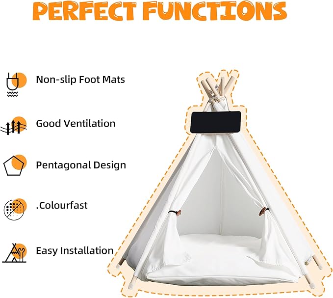 Pet Tent/Tipi for Cats & Dogs - Washable Canvas, Foldable Pet Teepee with Anti-Slip Base & Detachable Cushion | Indoor/Outdoor Safe Shelter for Pets Up to 66lbs-White-M