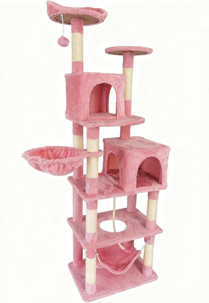 Cat Tree, 68-Inch Cat Tower for Indoor Cats, Plush Multi-Level Cat Condo with 7 Scratching Posts, 2 Perches, 2 Caves, Hammock (Pink)