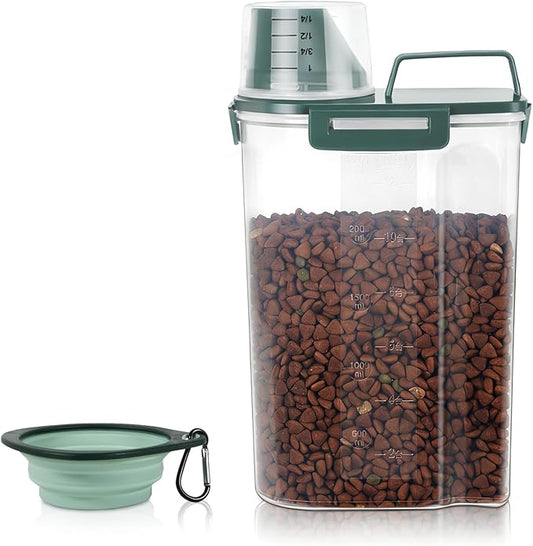 3-5Lbs/3Qt Dog Cat Food Storage Container With Foldable Bowl. Plastic Pet Food Dispenser for Small Animal Kibble/Pet Food/Bird Seed/Oatmeal/Rice/Flour/Brown Sugart/Cereals (Dark Green)