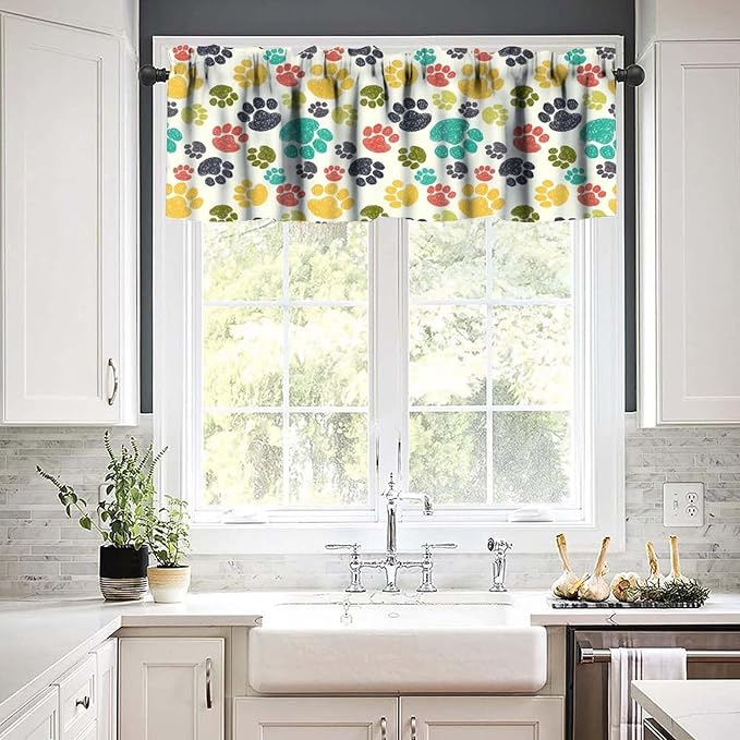 Paw Valances Curtain for Kitchen, Colorful Animal Paws Print Window Treatment Valances Short Curtains Rod Pocket Drape for Dining Room Home Farmhouse Decor, 54x18inch