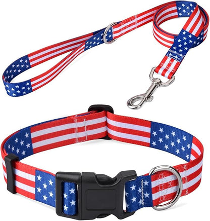 American Flag Dog Collar and Leash Set- Patriotic, US Flag Pattern, Star & Stripes, Fourth of July Dog Collar, Adjustable for Small Medium Large Dogs(Classic US Set,L)
