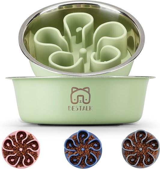 Stainless Steel Slow Feeder Dog Bowl, Bestalk 2-in-1 Metal Dog Bowls with Silicone Slow Feeder Insert for Small, Medium, Large Dogs(Green,1 Cup)