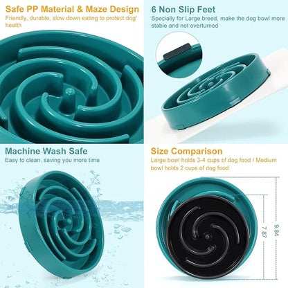 Green Slow Feeder Maze Puzzle Bowl - Large Dog Non Slip Food Feeding Dishes, Interactive, Bloat Stop, Choking Prevention