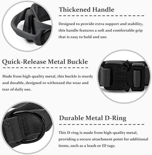 Tactical Dog Collar, Adjustable Military Training Nylon Dog Collar with Control Handle and Heavy Quick-Release Metal Buckle for Small Medium Large Dogs, Grey M
