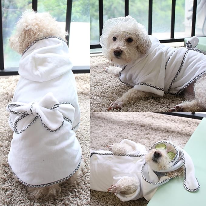 Dog Bathrobe, Microfiber Fast Drying Absorbent Hooded Bath Towel White for Puppy Small Medium Large Dog Cat (L, White)
