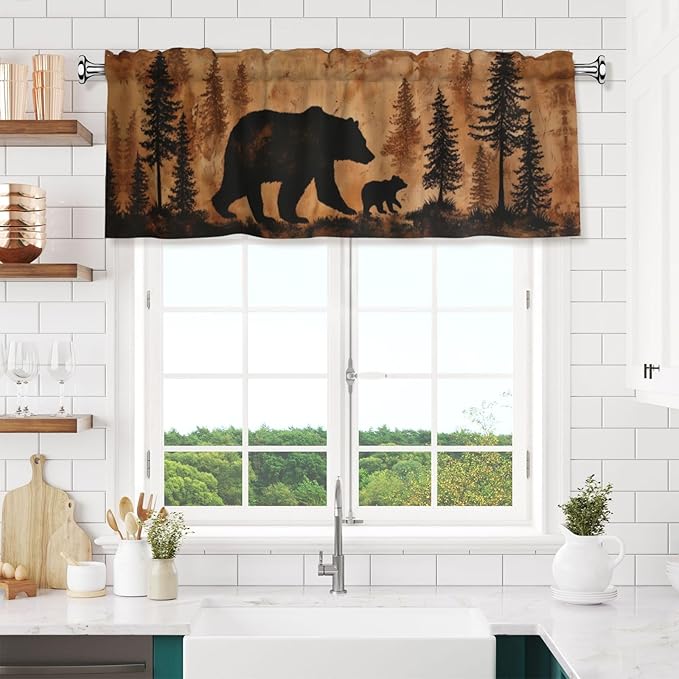 Worltoldb Forest Bear Curtain Valance Short Rod Pocket Window Treatment for Living Room Bedroom Kitchen Bathroom 1 Panel 54" W x 18" L