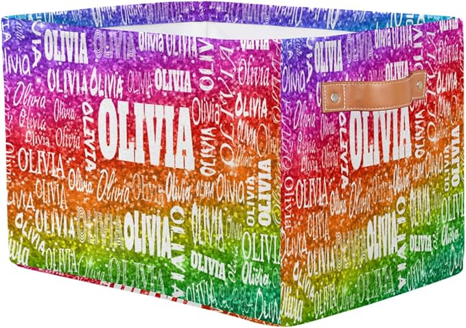 Custom Name Storage Bin, Personalized Rectangular Storage Basket with Handles for Organizing Boys Girls Toys Office Closet Shelf Baskets, Bright Colorful Rainbow Red Green Purple Sequins Glitter