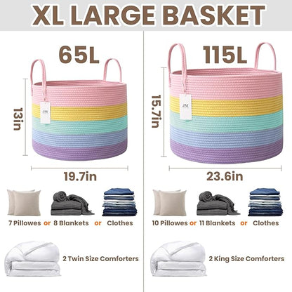 65L Extra Large Blanket Basket for Living Room - Woven Cotton Rope Laundry Hamper with Reinforced Handles - Storage Bin for Pillows, Comforters & Toys - Machine Washable,Rainbow