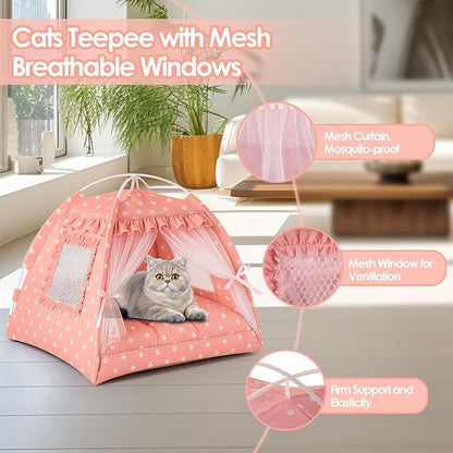 Cat Tent, Pink Cat Tents for Indoor Cats, Foldable Cats Teepee with Lace Mesh Breathable Windows, Portable Pet Tent for Small Pussy Dogs up to 5.5lbs(13.8 X 13.8in) (Pink, S)