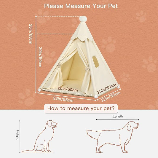 Standard Cat & Mini Dog Teepee Tent House (Int 20x20x20in/Ext 22x22x25in) for Standard Chihuahua, Shih Tzu, Tiny Pomeranian, Tiny Bichon Frise, Mini Poodle, Cotton Canvas & Stable Frame
