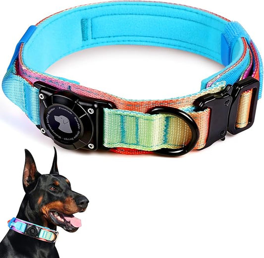 2026 Upgrade Waterproof AirTag Dog Collar, Military Tactical Dog Collar with AirTag Holder, Comfortable Control Handle and Metal Buckle, GPS Dog Collar Holder for Medium to Large Dogs (Pastel lcing,M)