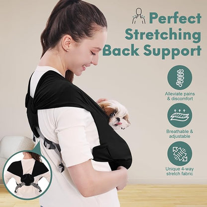 Supet Dog Sling Carrier for Small Pets, Hands Free Cat Sling, Reducing Back Neck Pain Anti-Anxiety Puppy Front, Adjustable Soft Dog Carrying (Black-2, Plus)