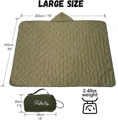 Wearable Warm Camping Blanket Waterproof Windproof Quilted Fleece Stadium Outdoor Blanket with Portable Bag for Cold Weather Picnic Sports Pet Beach Travel Car 79x55 inches Olive Green with Hat