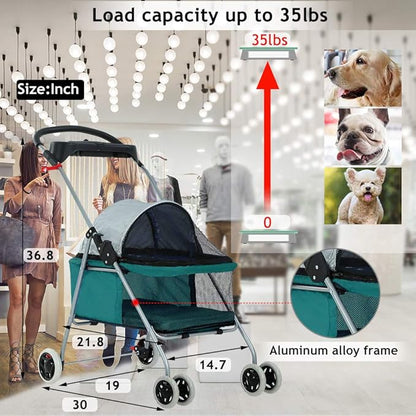 Dog Stroller Pet Stroller Cat Strollers Jogger Folding Travel Carrier Durable 4 Wheels Doggie Cage with Cup Holders 35Lbs Capacity Waterproof Puppy Strolling Cart for Small-Medium Dogs, Cats - Teal