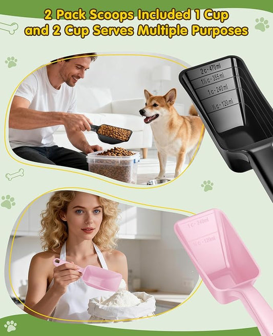 2 Pack Dog Food Scoop with 1 Cup and 2 Cup Capacity, Plastic Pet Food Measuring Scoops with Clear Measurement Lines for Dogs, Cats & More,Dishwasher safe (Pink and Black)