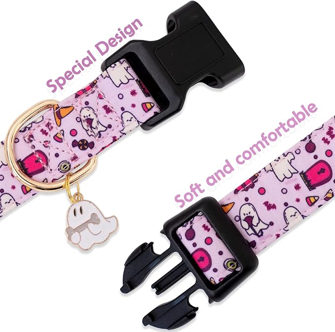 Faygarsle Fall Dog Collar - Adorable Ghost Pattern Halloween Neckwear for Small Medium Large Dogs - Purple Autumn Collar for Boy Girl Pets - Size S