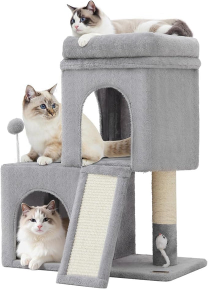 Woochpet 24inch Tall Cat Tree with 2 Cat Condo and Mouse Toy Cozy Small Cat Tower with Scratching Post and Board for Kitties and Small Cats.（Light Grey） (22 * 13 * 28)