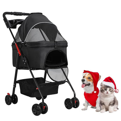 4 Wheels Pet Stroller,Dog and Cat Foldable Strollers, Removable Carrier, Breathable Mesh Canopy, Storage Basket and Cup Holder, Lightweight Travel Carrier, Pet Carrying Cart for Walks Outings Shoppin