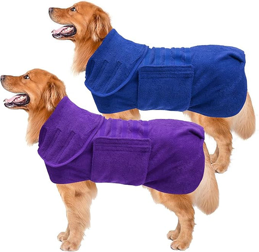 Geyecete 2 Pack Dog Drying Coat Dry Fast Dog Bag Dog Bathrobe Towel,Microfibre Fast Drying Super Absorbent Pet Dog Cat Bath Robe Towel Blue/Purple-3XL