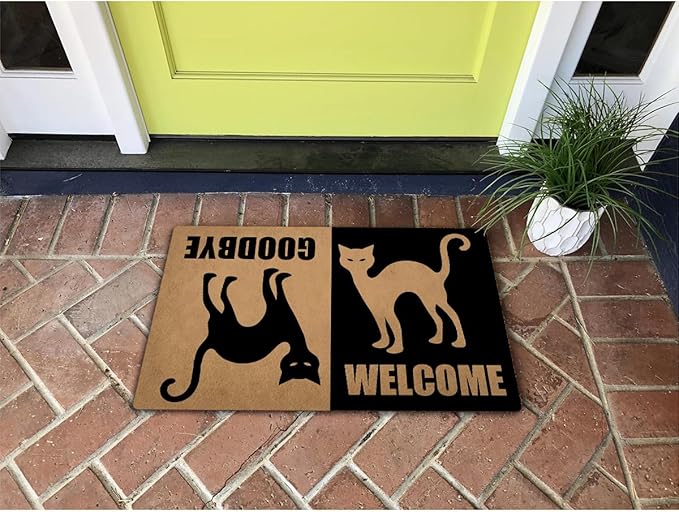 Funny Welcome Doormat (23.7 in X 15.6 in) Anti-Slip Rubber Back Entrance Way Indoor Front Porch Decor Rugs House Warming Gift (Welcome Goodbye Black Cat Dual-Sided Welcome Mat)
