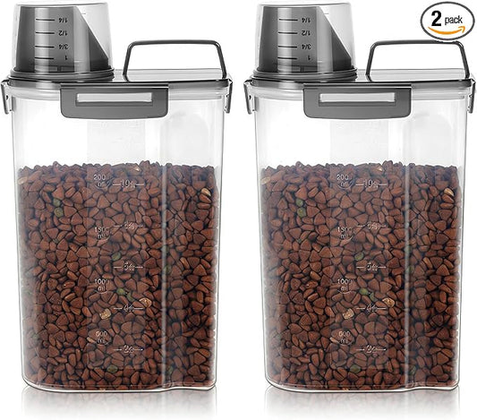 3-5Lbs Airtight Small Cat Dog Pet Food Storage Containers BPA Free, with Large Pour Spout/1 Measuring Cup/ 4 Safety Locks and Double-layer Silicone Strip (Clear Black 2Pack)