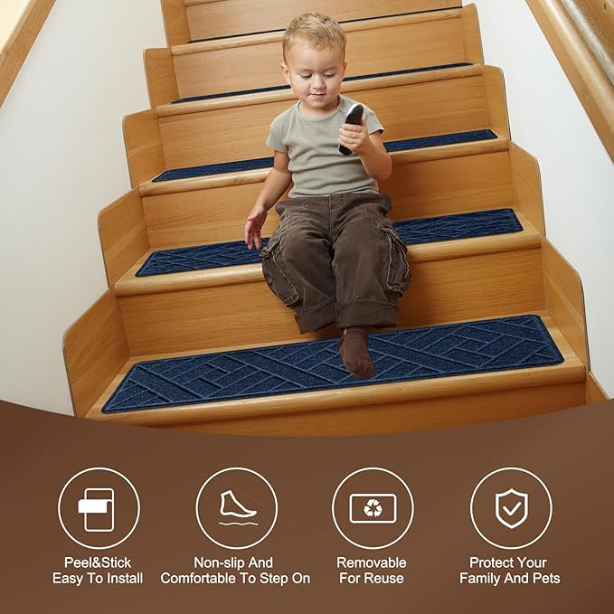 Non-Slip Carpet Stair Treads for Indoor Wooden Steps, Made of Polyester and Reusable Adhesive, Suitable for Kids Elders and Pets of 15 Pack 8 "X 30" （Navy Lines）