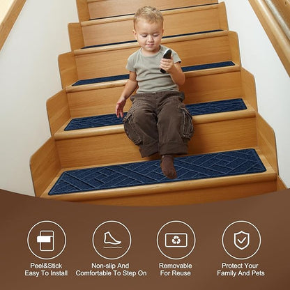 Non-Slip Carpet Stair Treads for Indoor Wooden Steps, Made of Polyester and Reusable Adhesive, Suitable for Kids Elders and Pets of 15 Pack 8 "X 30" （Navy Lines）