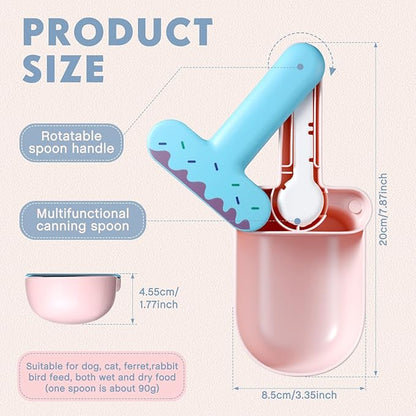 Hushee Pet Food Scoop, Sealing Clip, Dog Food Scoop, Can Opener, Canning Spoon, 4 in 1 Multifunctional Combination Set Suitable for Dog, Cat, Ferret, Rabbit, Bird Feed, Blue and Pink Ice Cream Style