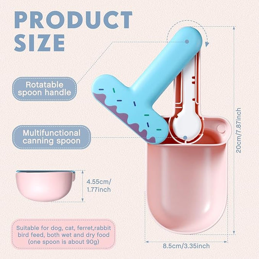 Hushee Pet Food Scoop, Sealing Clip, Dog Food Scoop, Can Opener, Canning Spoon, 4 in 1 Multifunctional Combination Set Suitable for Dog, Cat, Ferret, Rabbit, Bird Feed, Blue and Pink Ice Cream Style