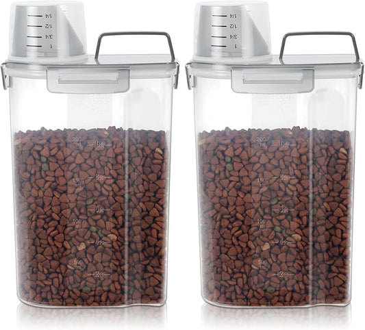 Airtight Small Cat Dog Pet Food Storage Containers BPA Free, with Large Pour Spout/1 Measuring Cup/ 4 Safety Locks and Double-layer Silicone Strip (Clear Grey x 2, 3L-2pack)