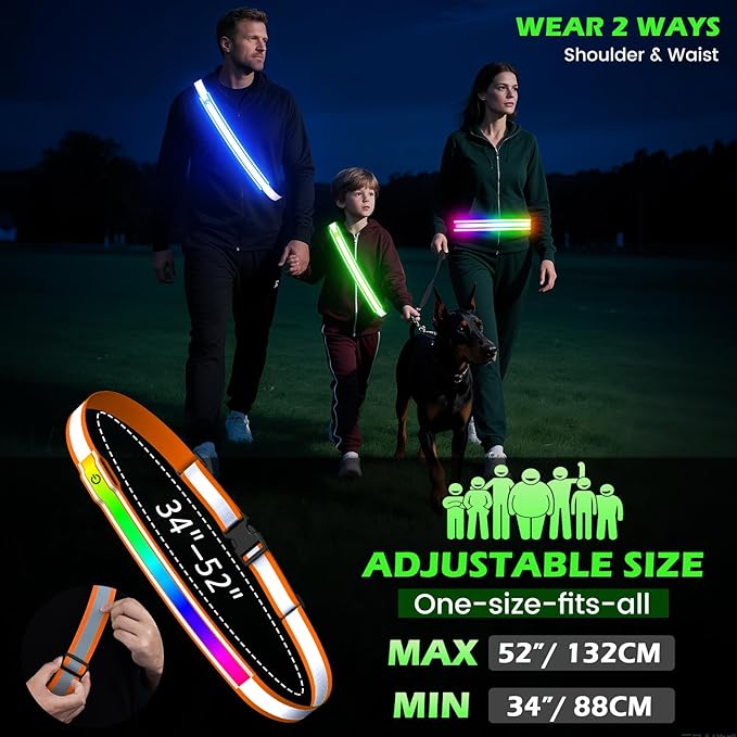 Reflective Sash Gear for Walking at Night,Flashing LED Reflective Belt Safety Lights for Walkers Night Dog Walking Biking Running,High Visibility Rechargeable With Wear 2 Ways for Men Women
