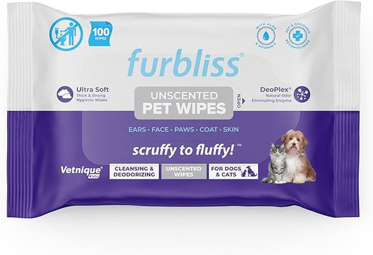 Vetnique Furbliss Hygienic Dog Grooming Wipes Cleansing Grooming & Deodorizing Hypoallergenic Pet Wipes with Natural Deodorizer 100ct (Unscented)