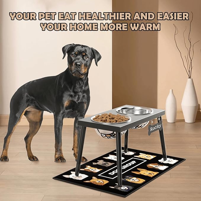 Metal Raised Dog Bowl Stand for Large and Medium Dogs, Elevated Dog Bowls with Sprill Proof Mat ＆ Slow Feeder, Pet Food Bowls 10" Tall Dogs Feeder (58OZ-Stainless Steel Pet Bowl, Mat-16x24in)