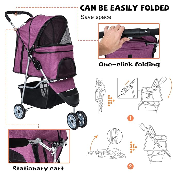Dog Stroller for Small Dogs,Pet Stroller Strolling Cart Folding Pet Gear Lightweight Waterproof with Storage Basket for Puppy Small Medium Dogs Cats for Travel,Purple