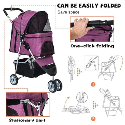 Dog Stroller for Small Dogs,Pet Stroller Strolling Cart Folding Pet Gear Lightweight Waterproof with Storage Basket for Puppy Small Medium Dogs Cats for Travel,Purple
