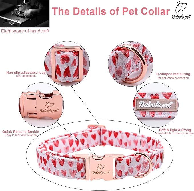 Valentines Dog Collar, White Red Heart Valentine Pet Collar with Metal Buckel, Durable Adjustable Holiday Dog Collars for Small Medium Large Dogs M
