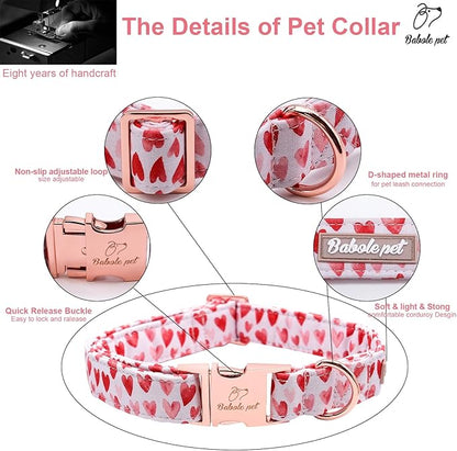Valentines Dog Collar, White Red Heart Valentine Pet Collar with Metal Buckel, Durable Adjustable Holiday Dog Collars for Small Medium Large Dogs M