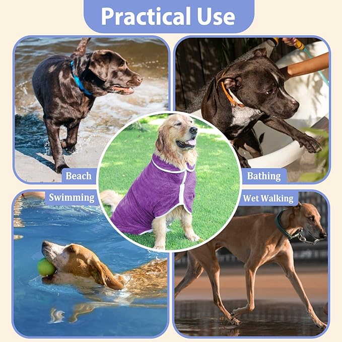Dog Bathrobe Towel Dog Drying Coat - Super Absorbent Towels Bath Robe for Dogs Large, Soft Adjustable Collar & Belly Strap Fast Drying Coat Pet Cat Bath Robe (Violet, Large)