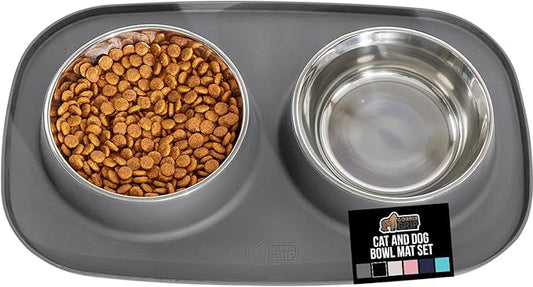 GORILLA GRIP Feeding Mat Bowl Set, 4 Cup 100% Waterproof BPA Free Silicone Base, 304 Stainless Steel Cat and Dog Bowls for Food and Water, Slip Resistant, High Edge, US Designed, Patent Pending, Gray