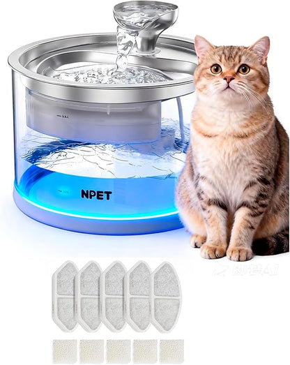 NPET N280 Cat Water Fountain Glass, 95oz/2.8L Automatic Pet Fountain Dog Stainless Steel Tray, Water Dispenser for Cats, Dogs, Multiple Pets (Water Fountain + 5 Filters)