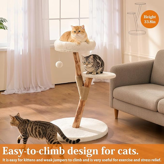 Modern Cat Tree Tower for Indoor Cats, 2-Tier Cat Furniture with Natural Wood Posts, Soft Plush Bed, Scratching Post & Hanging Ball Toy, Stylish Cat Climbing Tower